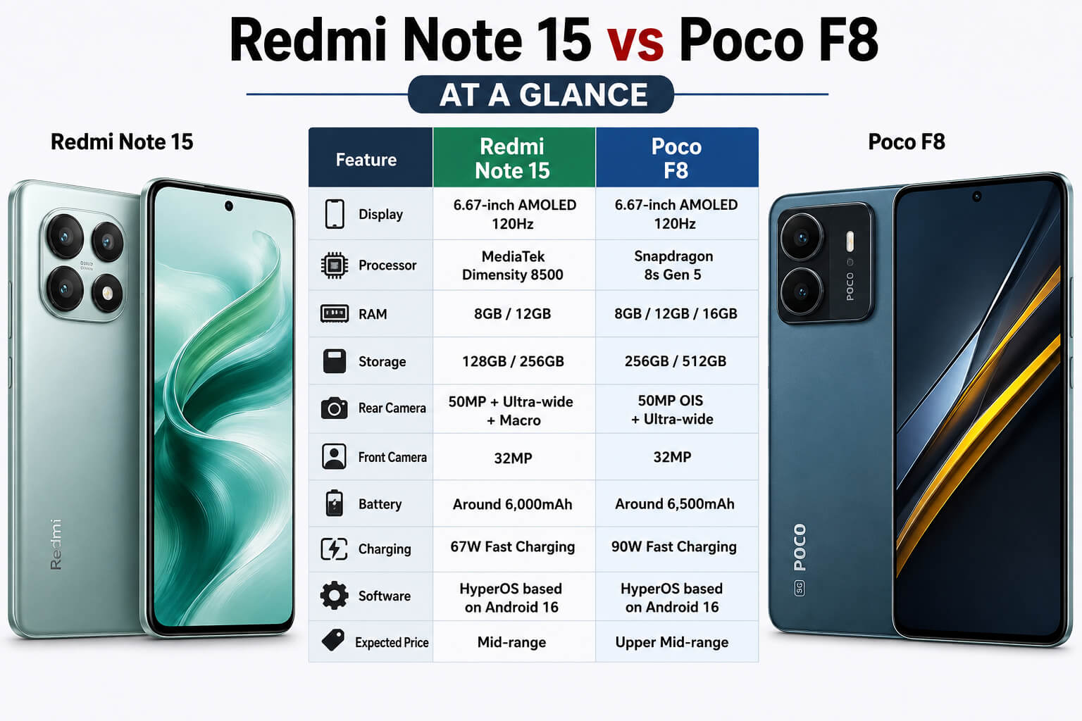 Redmi Note 15 vs Poco F8 at a Glance