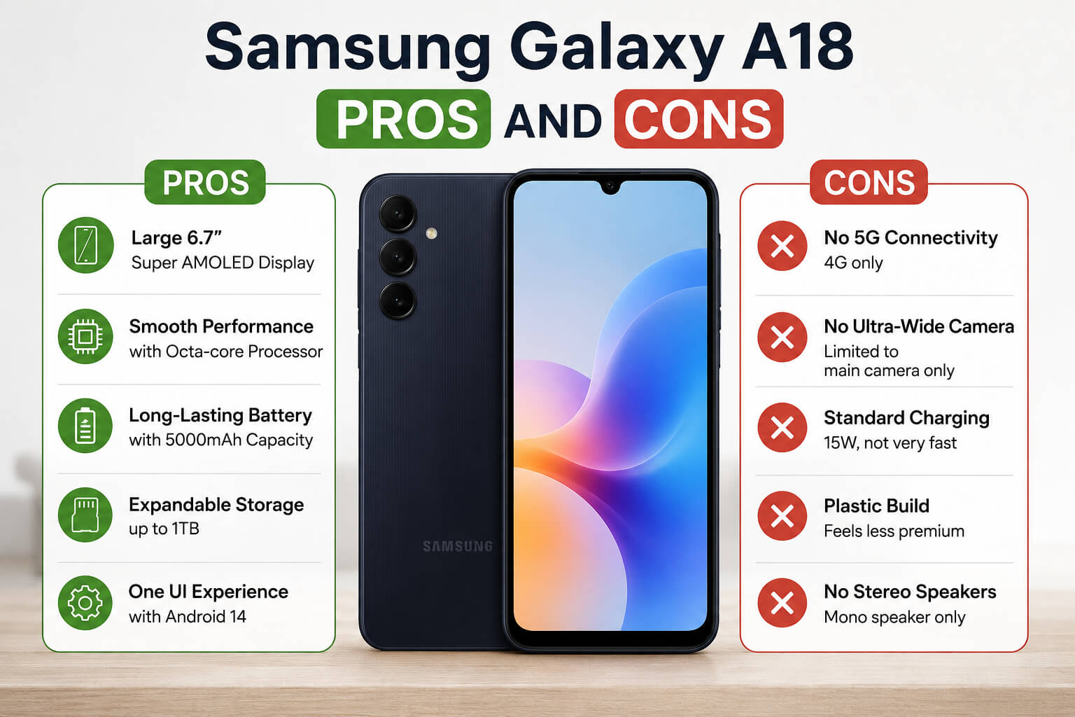 Samsung Galaxy A18 Pros and Cons